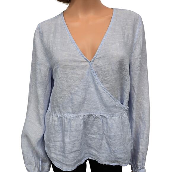 NWT Rachel Zoe Linen Top Blouse Peplum Wrap Tie Waist Women M Blue 100% Linen - Picture 3 of 13